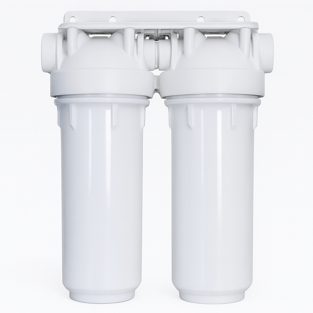 Filtro Doble 1 OT AB Cuerpo 10", conexión 1" 8 bar Blanco. Rosaca Bronce