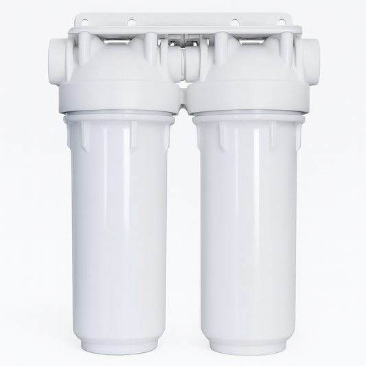 Filtro Doble 1 OT AB Cuerpo 10", conexión 1" 8 bar Blanco. Rosaca Bronce